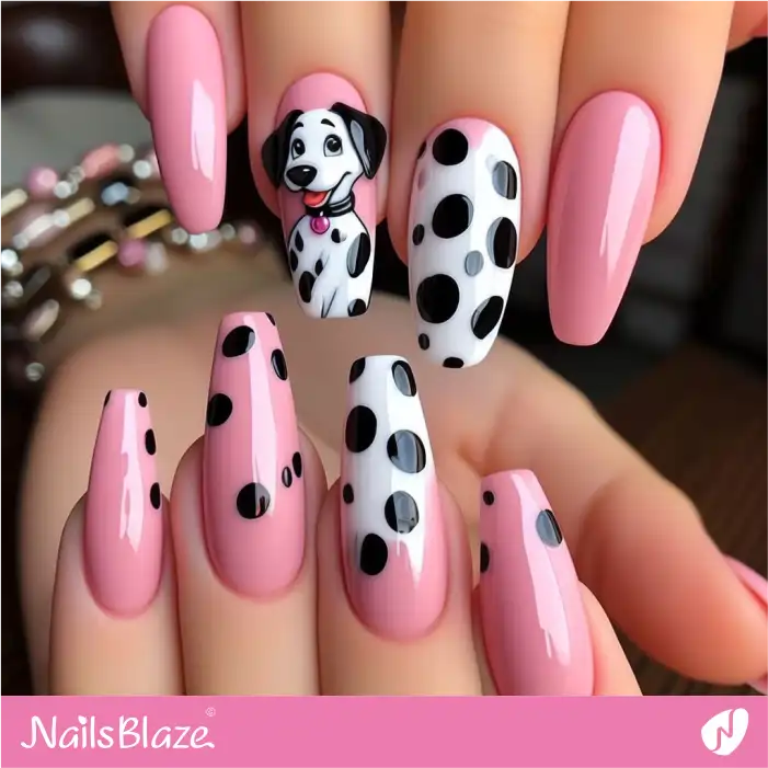Pink and White Dalmatian Dog and Print Nail Design | Animal Print Nails - NB1970